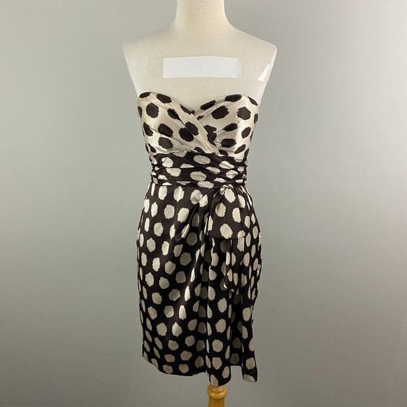 MAX & CLEO Brown Beige Strapless Polka Dot Dress - Picture 2 of 9